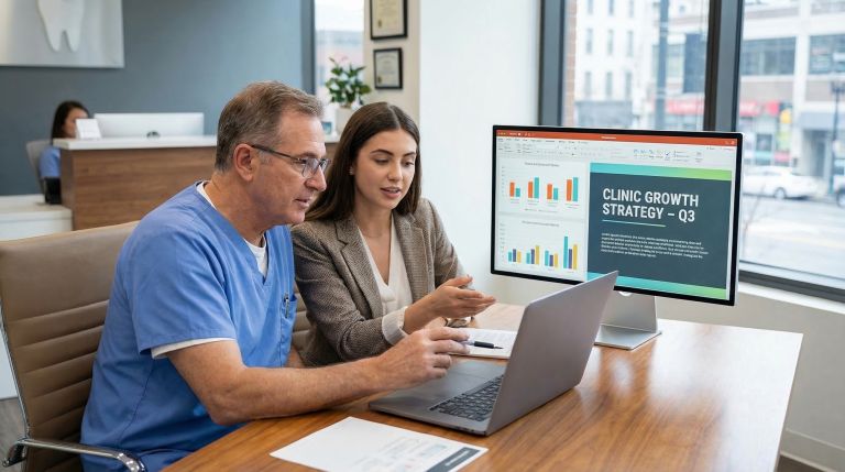 Dentist reviewing digital marketing strategy for clinic growth
