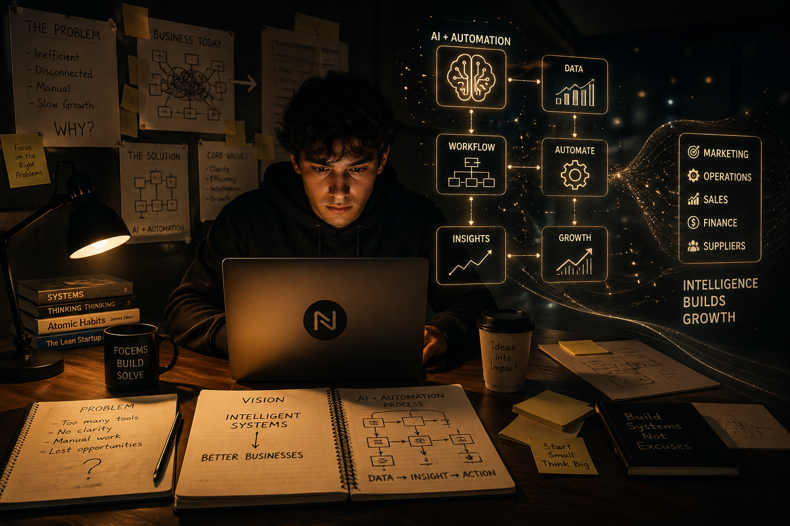 professional at a desk in a modern office environment, utilizing holographic AI interfaces to visualize and transform complex business data into structured, automated operational workflows.