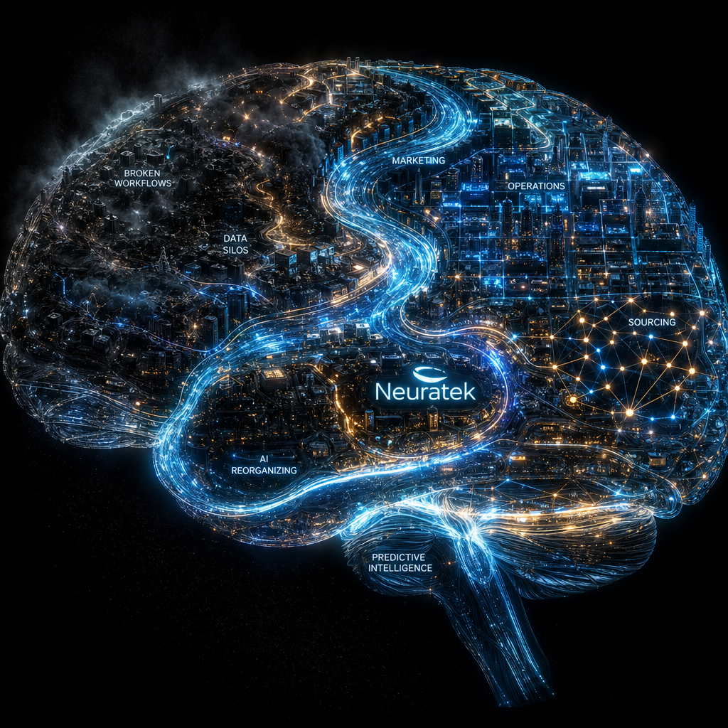 A surreal, conceptual visualization of a business functioning as a living brain, where complex neural pathways and AI-driven data streams transform chaotic operational bottlenecks into structured, intelligent business systems.