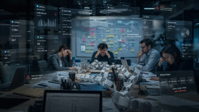 Conceptual visualization of a modern office building with internal structural code, showing AI dissolving invisible process bottlenecks to transform static business operations into fluid, adaptive pathways.